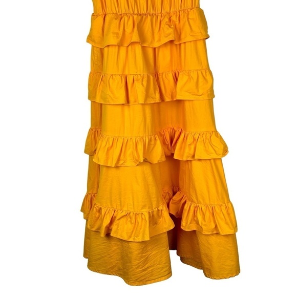 RACHEL PARCELL COTTON POPLIN FLUTTER SLEEVE RUFFLE TIER AMBER YELLOW MIDI DRESS - Picture 7 of 11